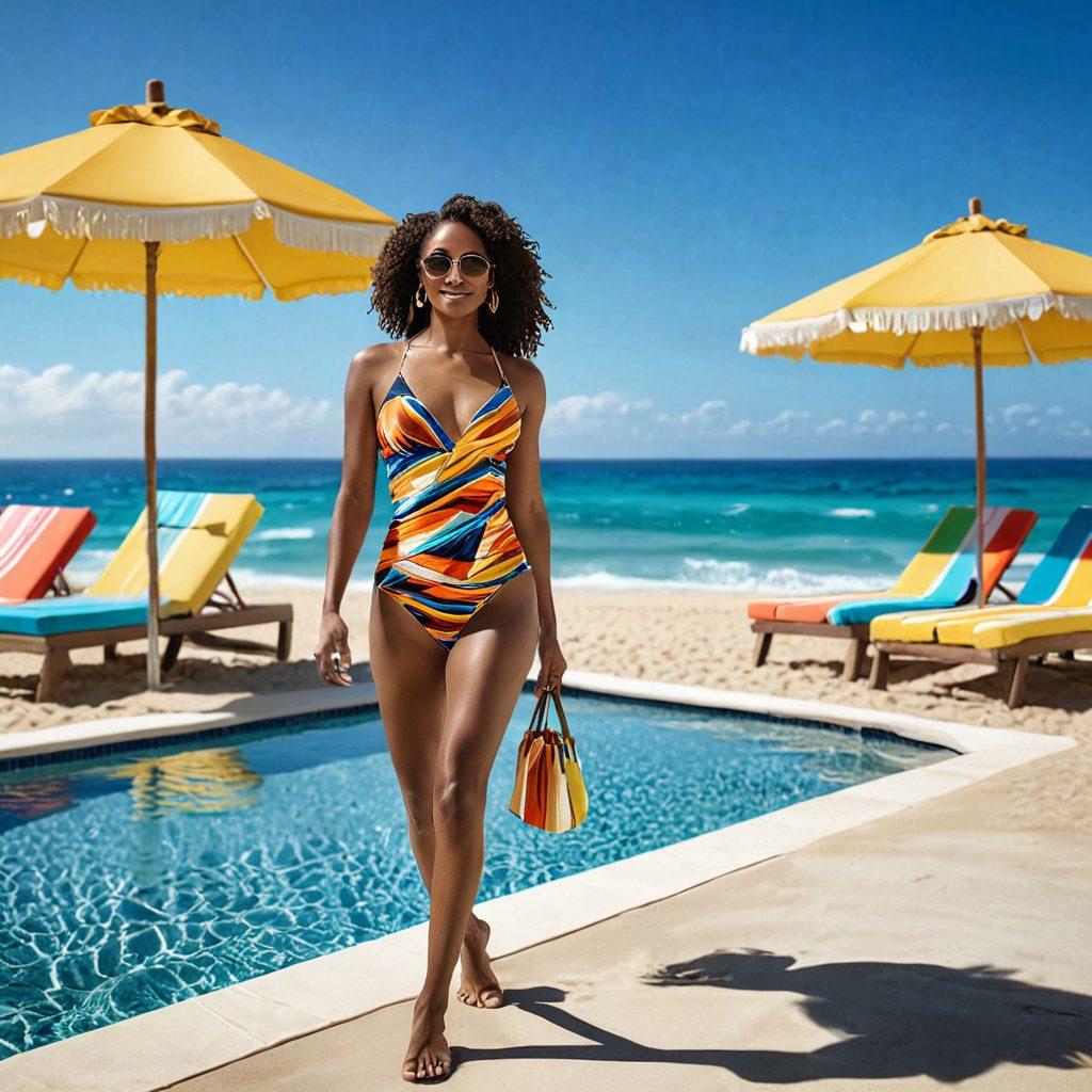 A stylish woman transitioning from a luxurious poolside setting in a chic two-piece swimsuit, walking confidently towards the vibrant ocean waves. The scene captures the shimmering water reflecting the sun, with colorful beach towels and umbrellas in the background. Include various swimming styles of two-piece swimsuits, showcasing diversity in body types. Bright, summery colors dominate the image, evoking a sense of fun and freedom. super-realistic. vibrant colors. beach setting.