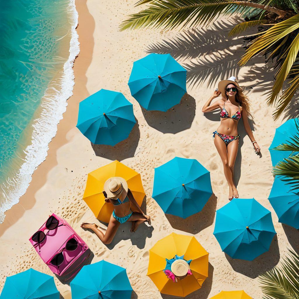 A vibrant beach scene showcasing fashionable bikinis and beachwear models lounging under a vivid sun, surrounded by colorful beach umbrellas and surfboards. The water sparkles in the background, and palm trees sway gently in the breeze. Add playful beach accessories like sunglasses, hats, and beach bags for added detail. super-realistic. vibrant colors. summer vibes.
